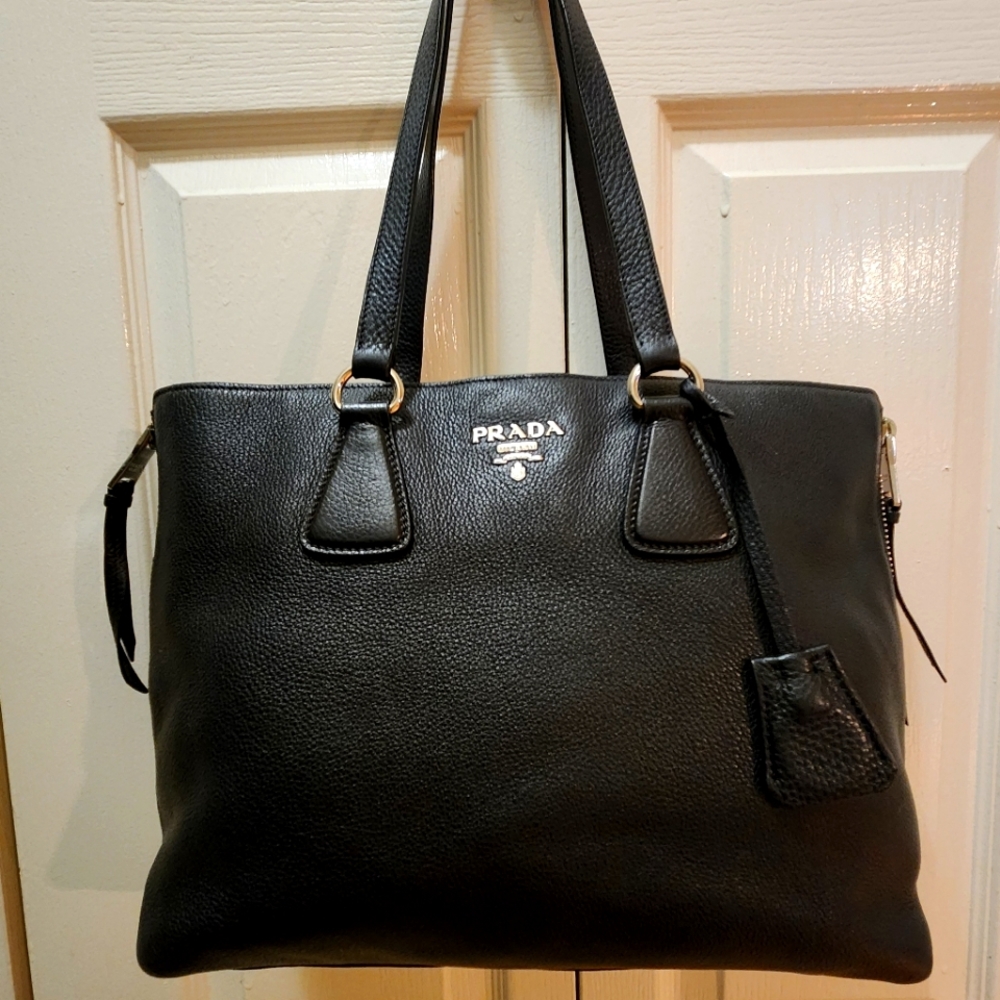 Prada Black Pebbled Leather Side Zip Tote Bag